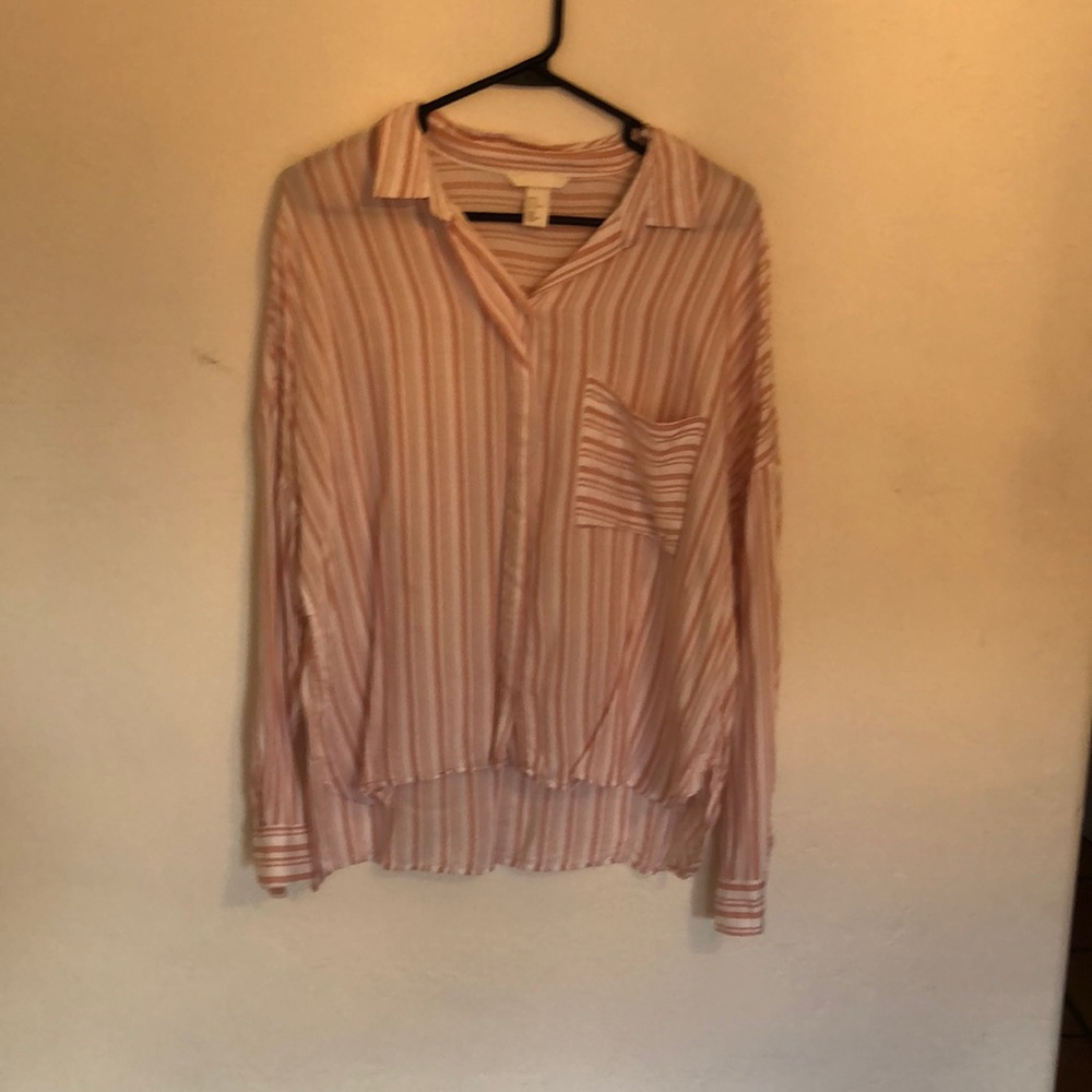 Button up pink and white striped top
